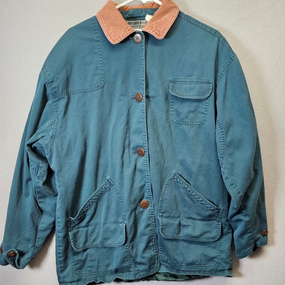 OUTBROOK Barn Coat Green Corduroy Collar Plaid Lined Barn Field Jacket‎ Womens S